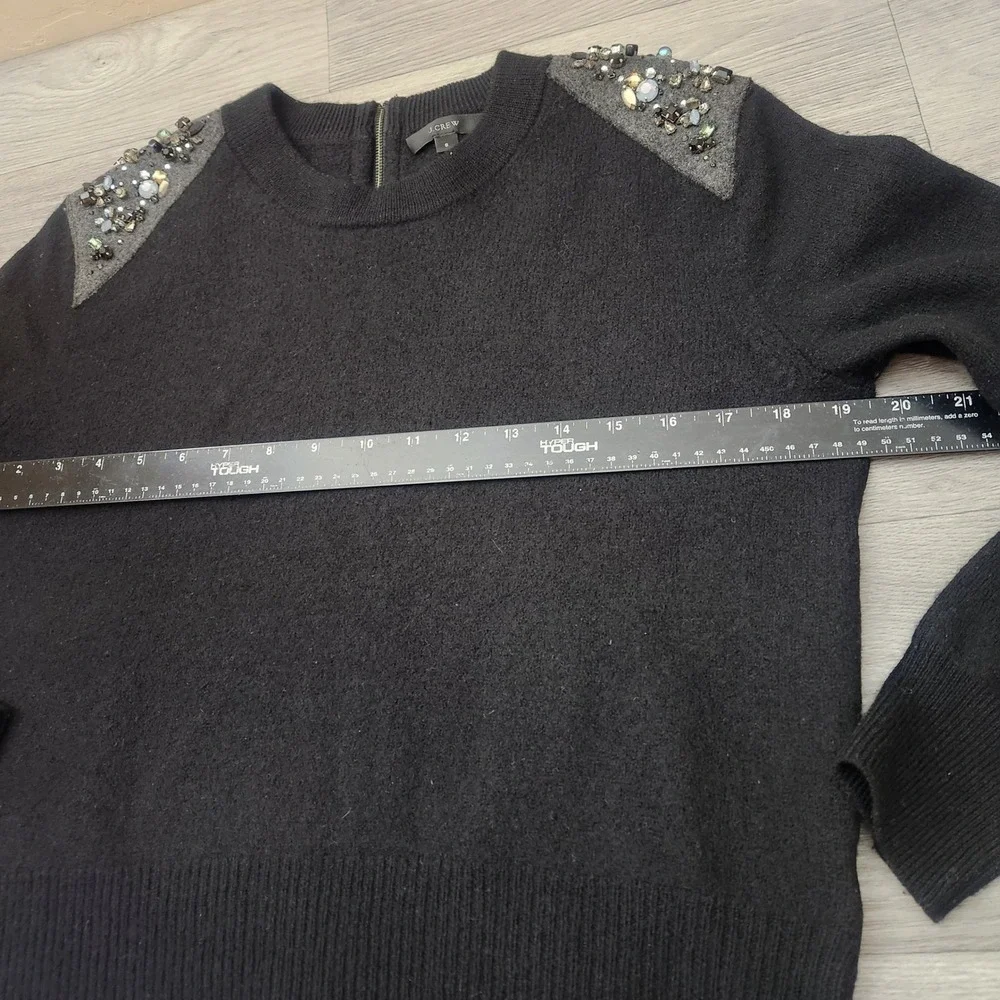 J. Crew Black Sweater Size S Merino Full Zip Back Embellish Shoulder Detail Crew